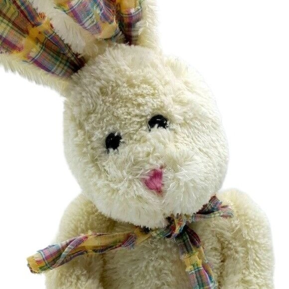 Easter Bunny Rabbit Plush Cream 17" Plaid Bow Sitting Tilted Head Long Ears - Picture 2 of 9